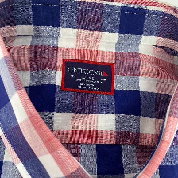 Untuckit Large Blue Red White Plaid Long Sleeve Button Up Cotton Redaelli Shirt - Picture 2 of 5